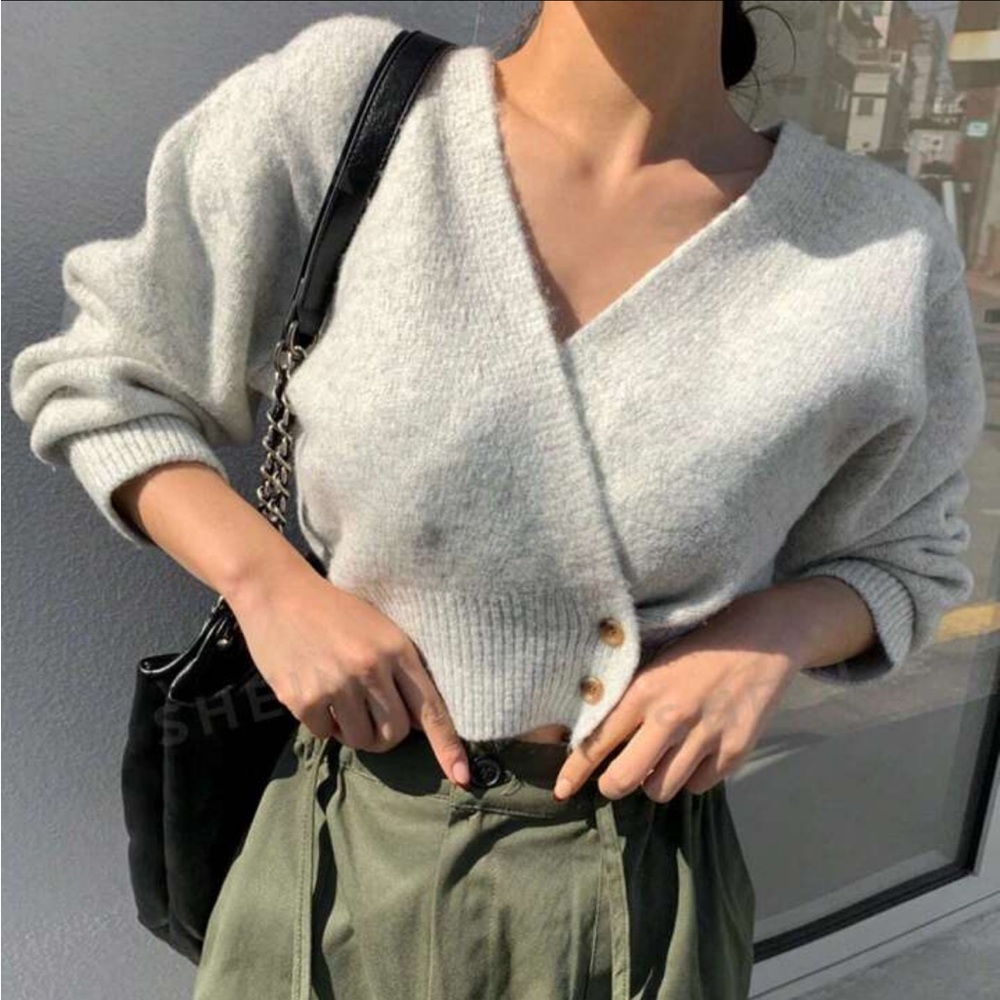 Button Front Cropped Wrap Sweater - image 4